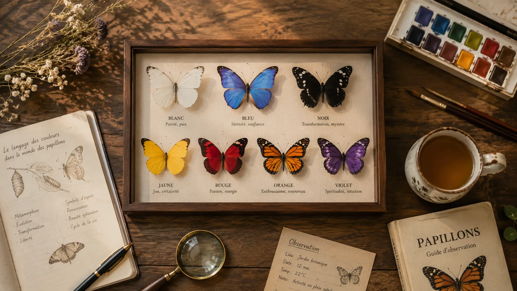 Papillons de différentes couleurs : bleu, blanc, noir, jaune, rouge, violet