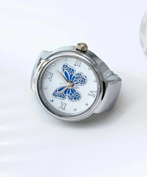 Bague montre papillon, cadran à papillon émaillé, version argente-bleu