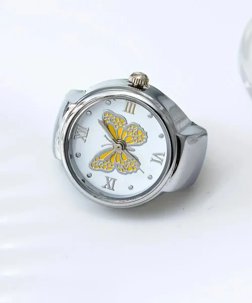Bague montre papillon, cadran à papillon émaillé, version argente-jaune