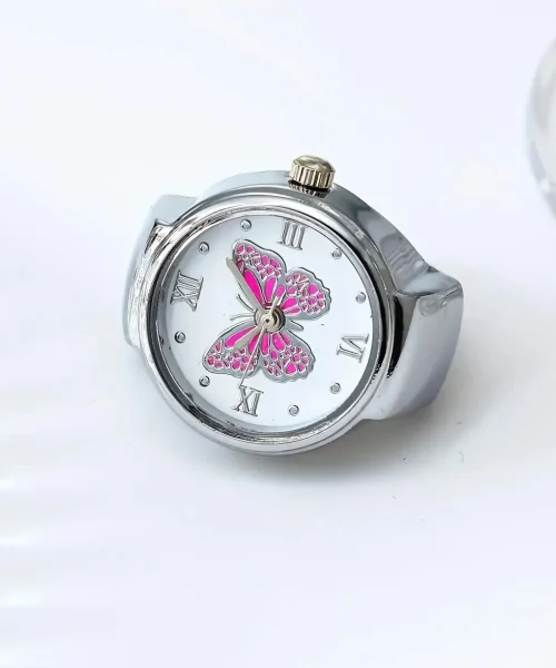 Bague montre papillon, cadran à papillon émaillé, version argente-rose