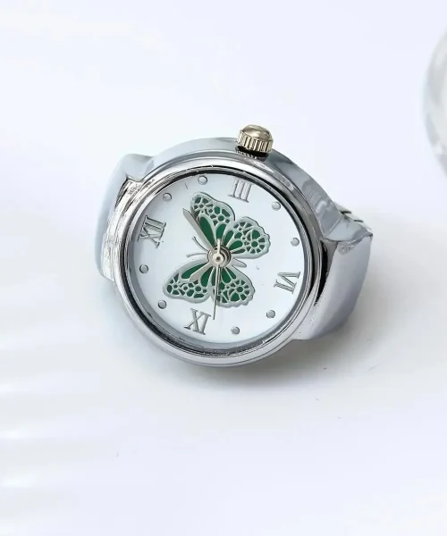 Bague montre papillon, cadran à papillon émaillé, version argente-vert