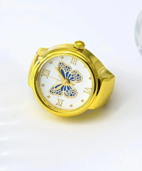 Bague montre papillon, cadran à papillon émaillé, version dore-bleu