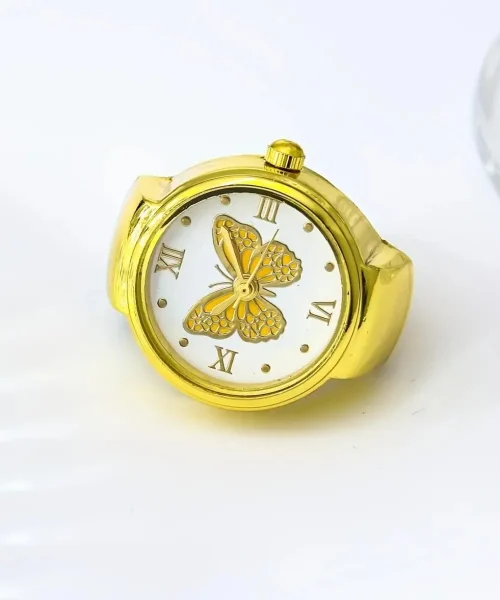 Bague montre papillon, cadran à papillon émaillé, version dore-jaune