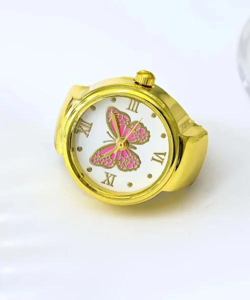 Bague montre papillon, cadran à papillon émaillé, version dore-rose