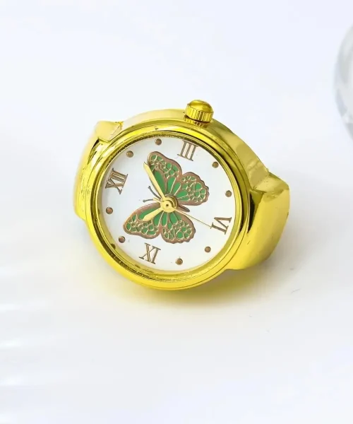 Bague montre papillon, cadran à papillon émaillé, version dore-vert