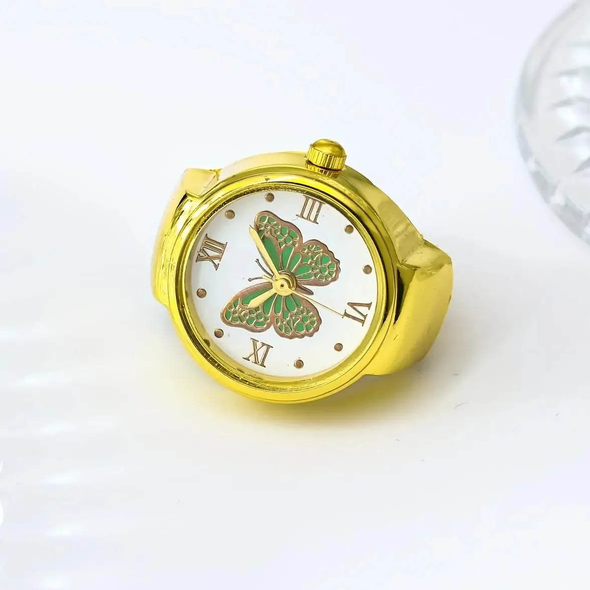 Bague montre papillon, cadran à papillon émaillé, version dore-vert