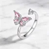 Bague papillon anti-stress rotative, ailes en cristal rose sur anneau ouvert argenté