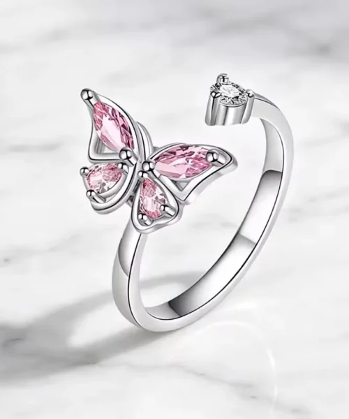 Bague papillon anti-stress rotative, ailes en cristal rose sur anneau ouvert argenté