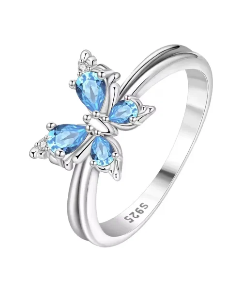 Bague papillon bleu ciel en argent 925, quatre pierres en goutte et anneau fermé à double jonc