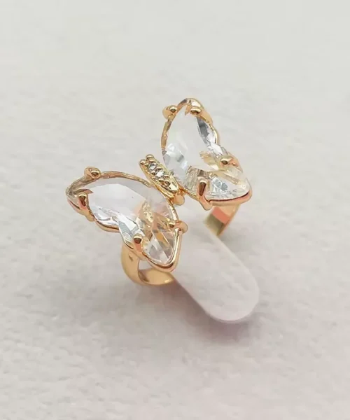 Bague papillon cristal transparent, ailes en verre facetté sur anneau doré