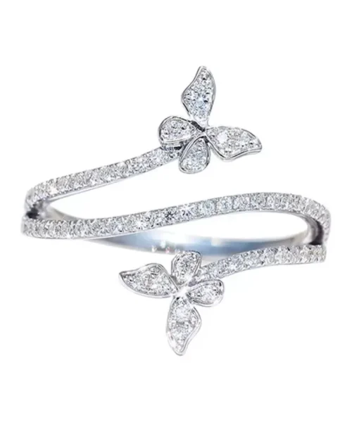 Bague papillon croisée argentée, deux bandes pavées de zircons et deux papillons sertis
