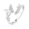 Bague papillon et fleur en argent 925 modèle Argent et Zircons, papillons en argent gravé et pavé de zircons face à une fleurette