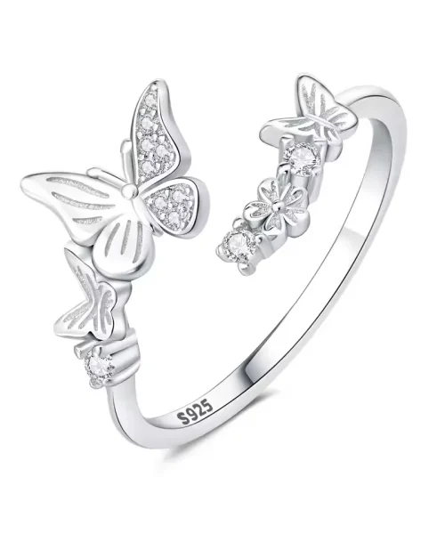 Bague papillon et fleur en argent 925 modèle Argent et Zircons, papillons en argent gravé et pavé de zircons face à une fleurette