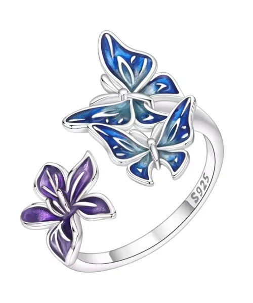 Bague papillon et fleur en argent 925 modèle Résine Bleue et Violette, deux papillons en résine bleue face à une fleur en résine violette