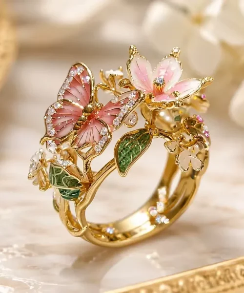 Bague papillon fleurie, papillon émaillé rose et fleurs sur anneau doré en branche