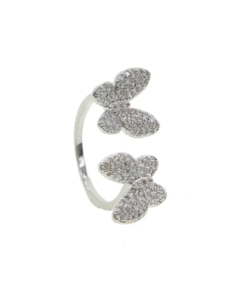 Bague papillon pavee argentee, deux papillons paves de zircons blancs