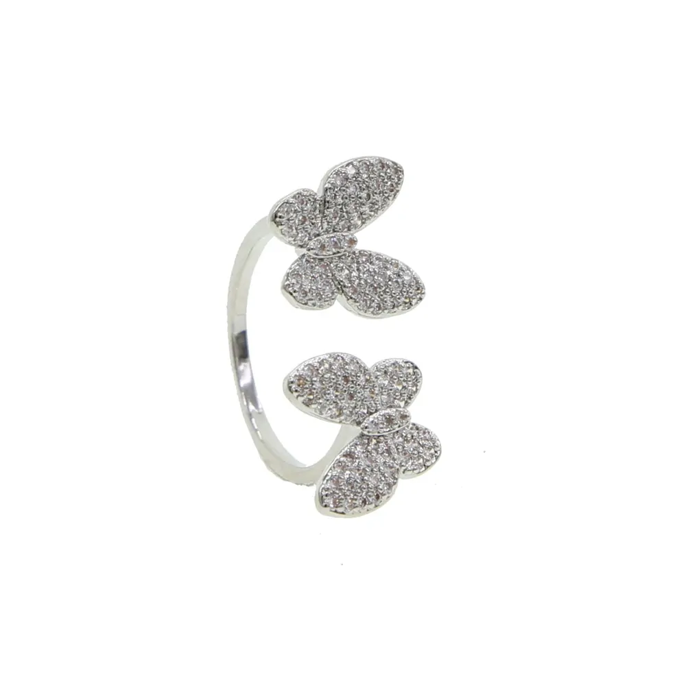 Bague papillon pavee argentee, deux papillons paves de zircons blancs