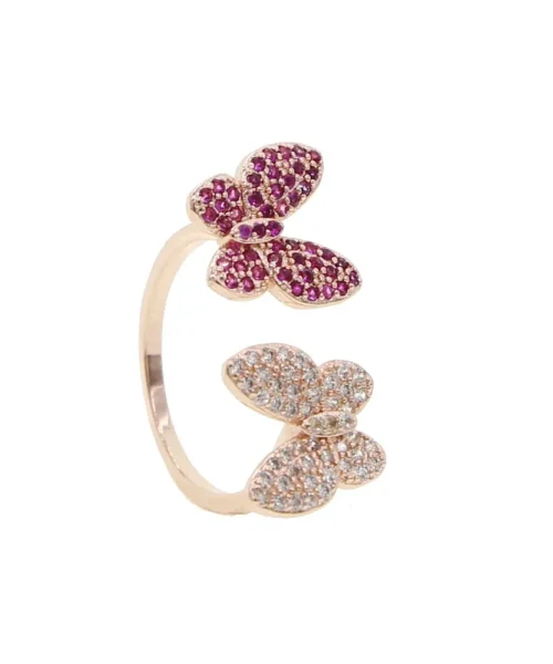Bague papillon pavee or rose, un papillon fuchsia et un papillon blanc