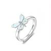 Bague papillon phosphorescente réglable, papillon aux ailes bleu pâle