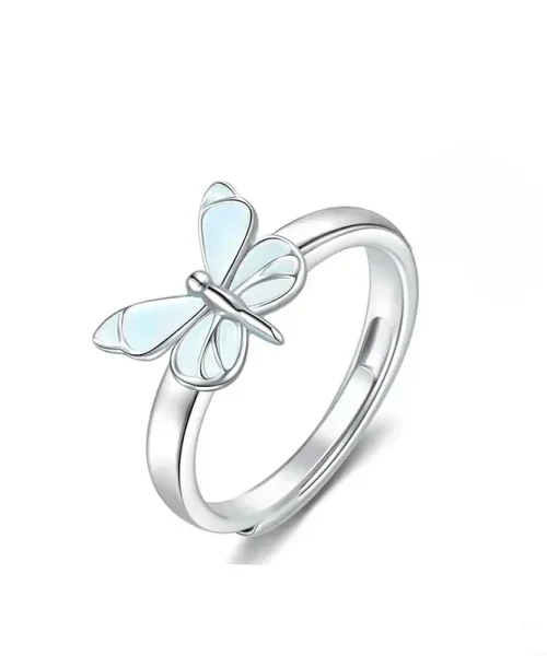Bague papillon phosphorescente réglable, papillon aux ailes bleu pâle