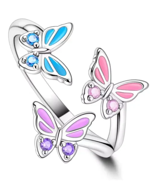 Bague trois papillons colorés en argent 925, papillons bleu, rose et lilas sertis de zircons