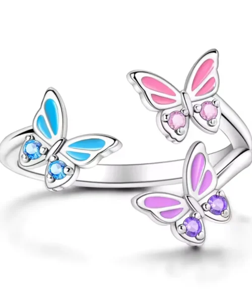 Bague ouverte en argent 925 à trois papillons pastel, vue de face