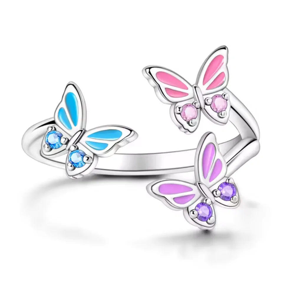 Bague ouverte en argent 925 à trois papillons pastel, vue de face