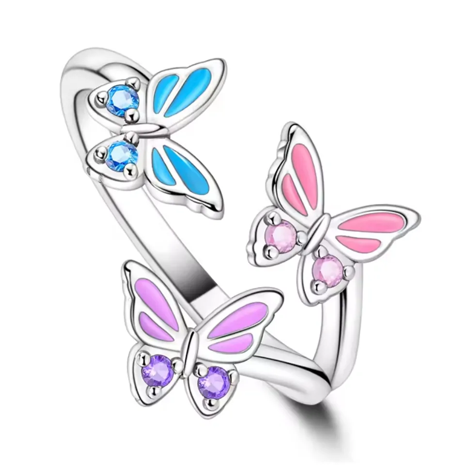 Bague trois papillons colorés en argent 925, papillons bleu, rose et lilas sertis de zircons