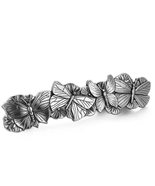 Barrette à cheveux papillon vintage argent antique, quatre papillons ciselés sur fond de fleurs