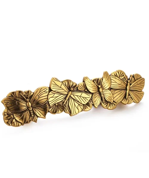 Barrette à cheveux papillon vintage or antique, quatre papillons ciselés sur fond de fleurs