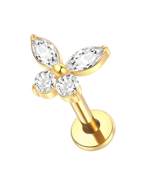 Boucle d oreille clou papillon en titane dore orne de zircons blancs