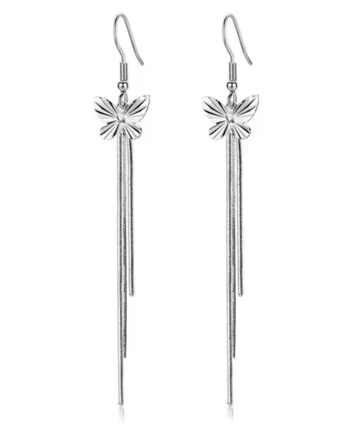 Boucles d'oreilles papillon longues en argent 925, papillon ciselé et chaînettes en cascade
