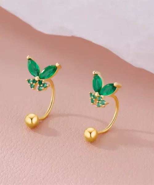 Boucles d'oreilles papillon vertes dorées, tige incurvée à boule façon piercing