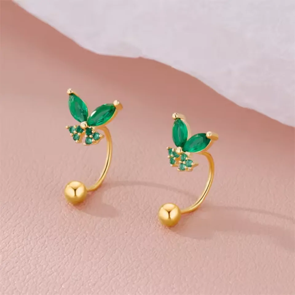 Boucles d'oreilles papillon vertes dorées, tige incurvée à boule façon piercing