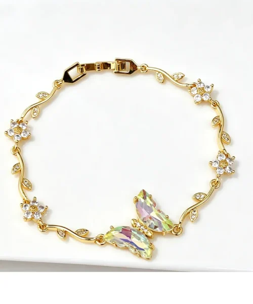 Bracelet papillon cristal irisé, chaîne dorée en branche fleurie