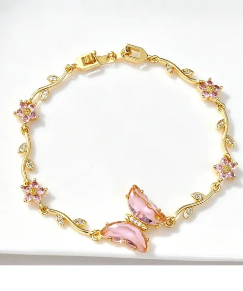 Bracelet papillon cristal rose, chaîne dorée en branche fleurie