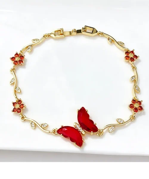 Bracelet papillon cristal rouge, chaîne dorée en branche fleurie