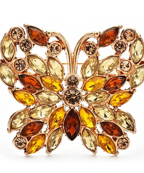 Broche papillon camaïeu ambre, strass navette en rosace sur monture dorée