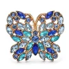 Broche papillon camaïeu bleu, strass navette en rosace sur monture dorée