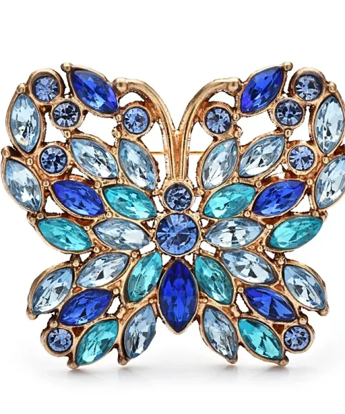 Broche papillon camaïeu bleu, strass navette en rosace sur monture dorée