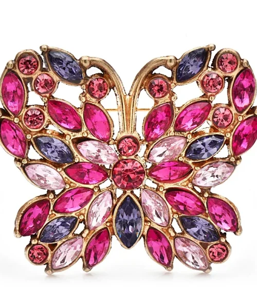 Broche papillon camaïeu rose, strass navette en rosace sur monture dorée