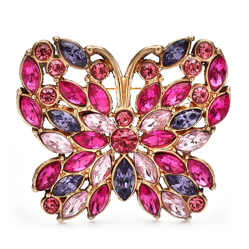 Broche papillon camaïeu rose, strass navette en rosace sur monture dorée