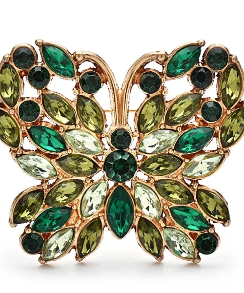 Broche papillon camaïeu vert, strass navette en rosace sur monture dorée
