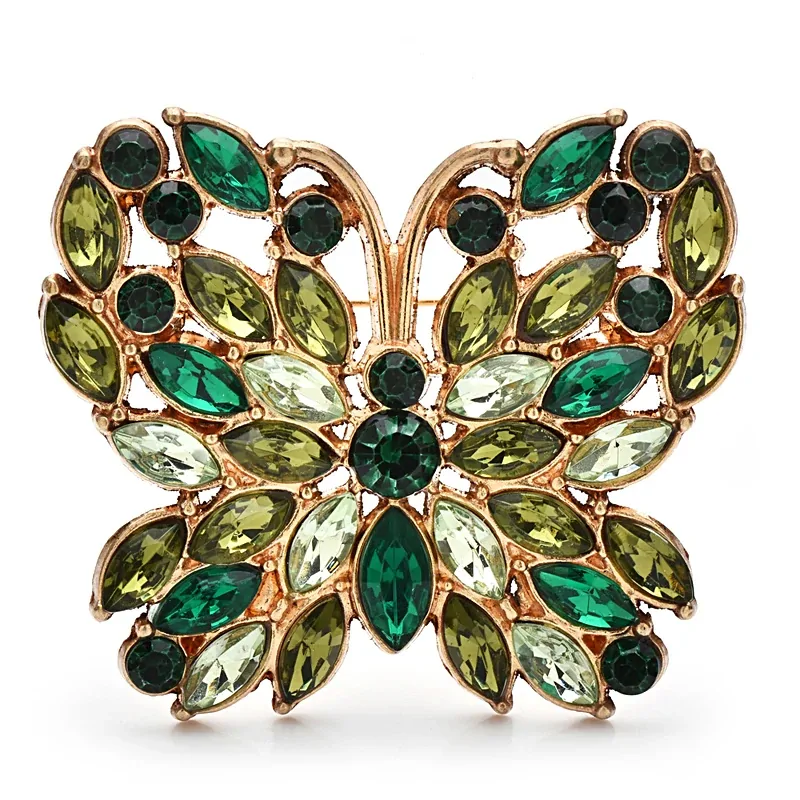 Broche papillon camaïeu vert, strass navette en rosace sur monture dorée