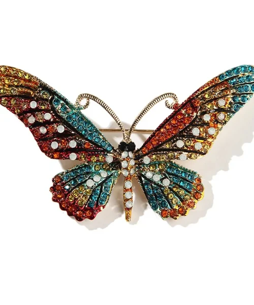 Broche papillon cristal multicolore, ailes pavées de strass colorés et antennes dorées