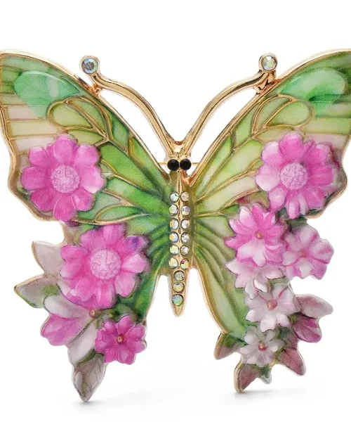 Broche papillon en émail fuchsia, ailes peintes façon vitrail et fleurs en relief