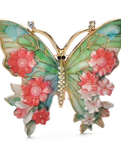 Broche papillon en émail rouge, ailes peintes façon vitrail et fleurs en relief