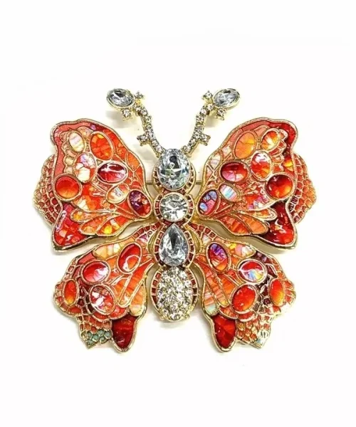 Broche papillon mosaïque orange, émail irisé et gros cristaux sur monture dorée