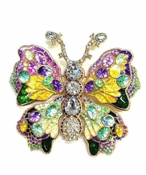Broche papillon mosaïque violet et jaune, émail irisé et gros cristaux sur monture dorée