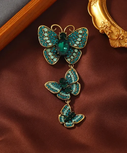 Broche papillon pendante vert, trois papillons en strass suspendus en cascade